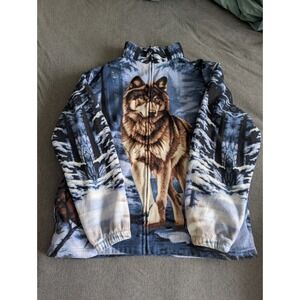 Vintage Trail Crest Wolf Fleece Jacket Mens XL Blue Full Zip All-Over Print